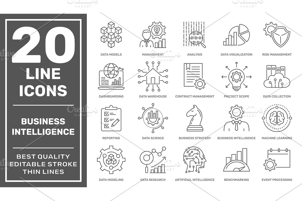 Set of business intelligence icons, a Technology Illustration by defmorph