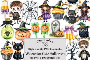 Watercolor Cute Halloween Clipart, a Seasonal Illustration by CitraGraphics