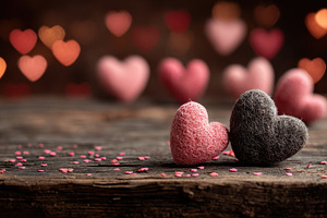 Two yarn hearts on wood Valentine's, a Photo by Pixeness Studio