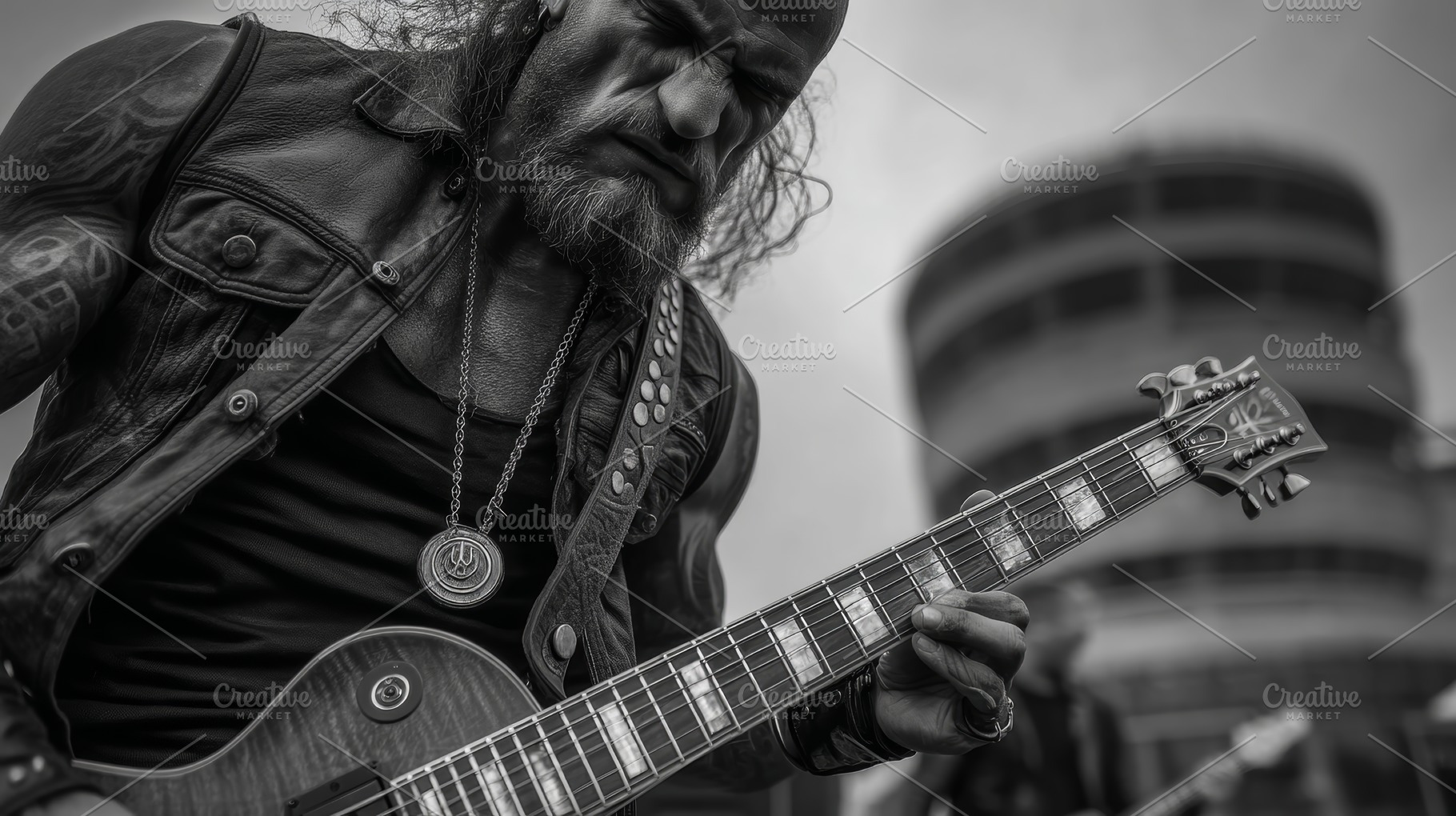 Passionate musician playing electric guitar outdoors with intensity and focus i, a Photo by AS photostudio