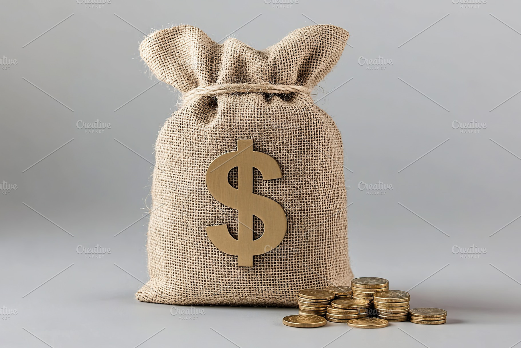 Burlap bag with dollar symbol and banknotes on grey background, a Business Photo by AlyaAnd