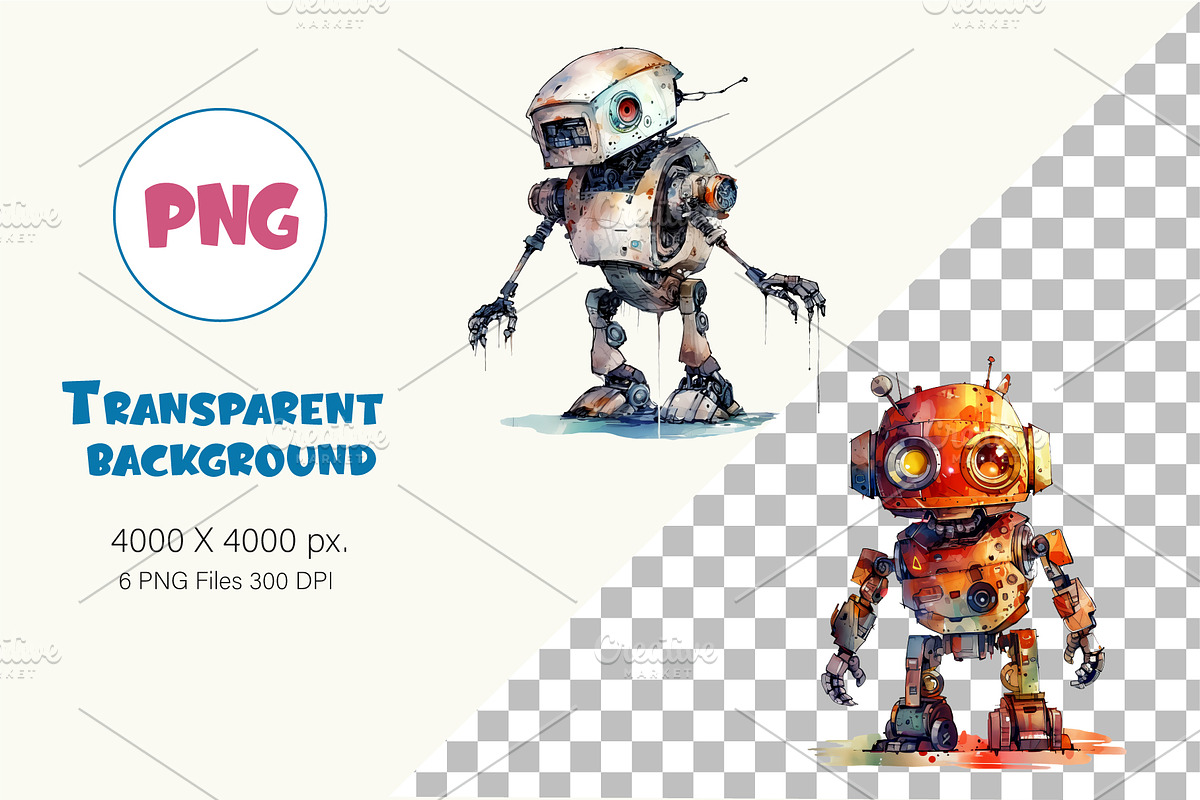 Cute Watercolor Robots. TShirt, an Animal Illustration by KENO Mascots (Photo 3 of 8)