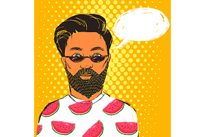 Hipster Man In Dark Sunglasses With Beard And Mustache. Hand Drawn Vector Summer Illustration With Bubble For Text.