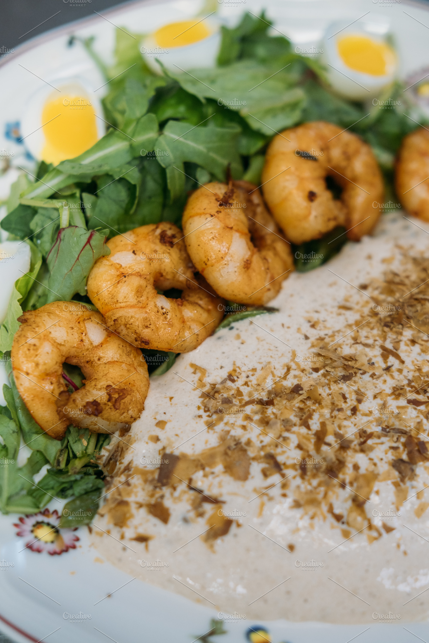 Seafood dish green salad gourmet recipe prawns, a Food & Drink Photo by Photo Drive Studio