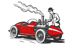 red rocket car with gentleman, a Person Illustration by AlexArt