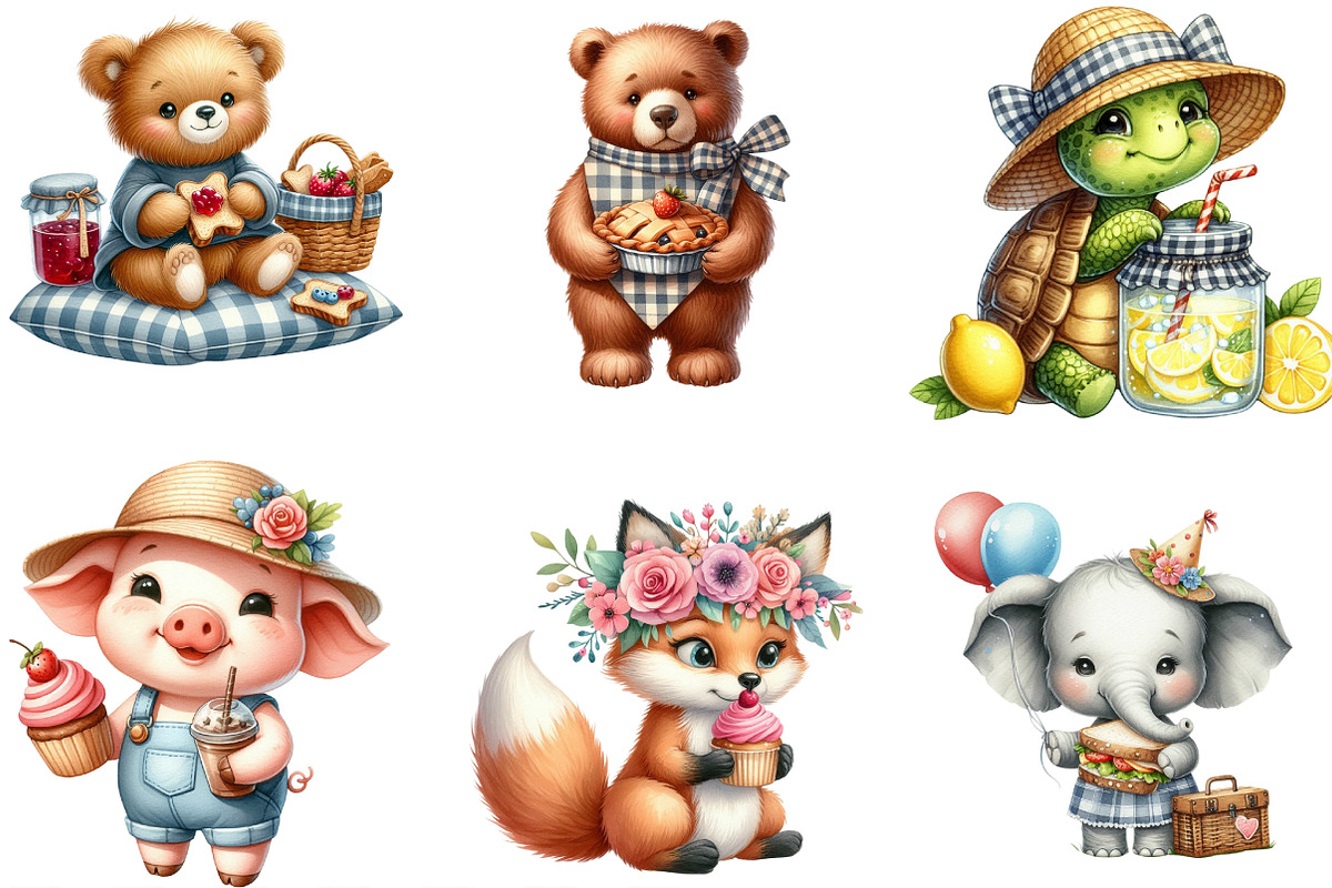 Cute Picnic Party Watercolor Animals, an Illustration by Designking (Photo 2 of 4)