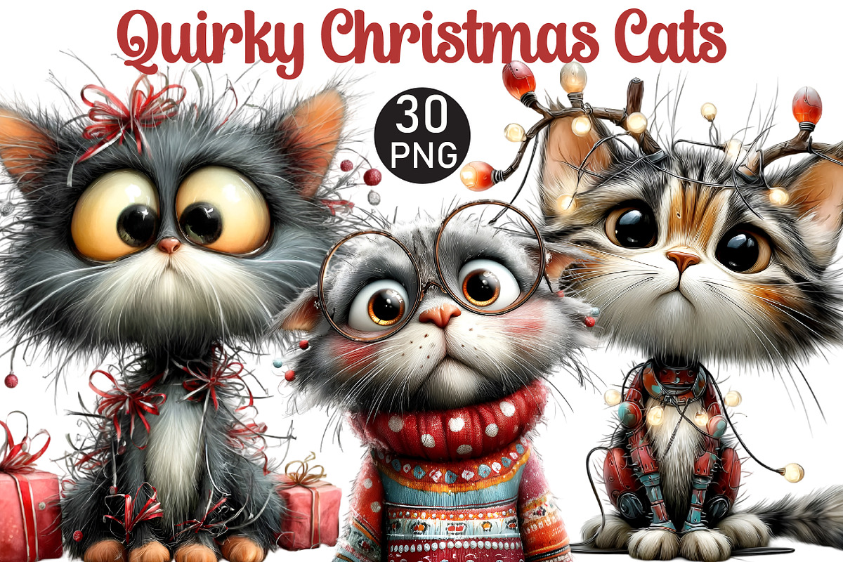 Quirky Christmas Cats Clipart, an Illustration by Black Bird Studio (Photo 1 of 6)