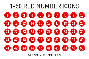 1-50 Red Round Number Icons