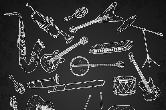 Set Of Hand Drawn Music Instruments.