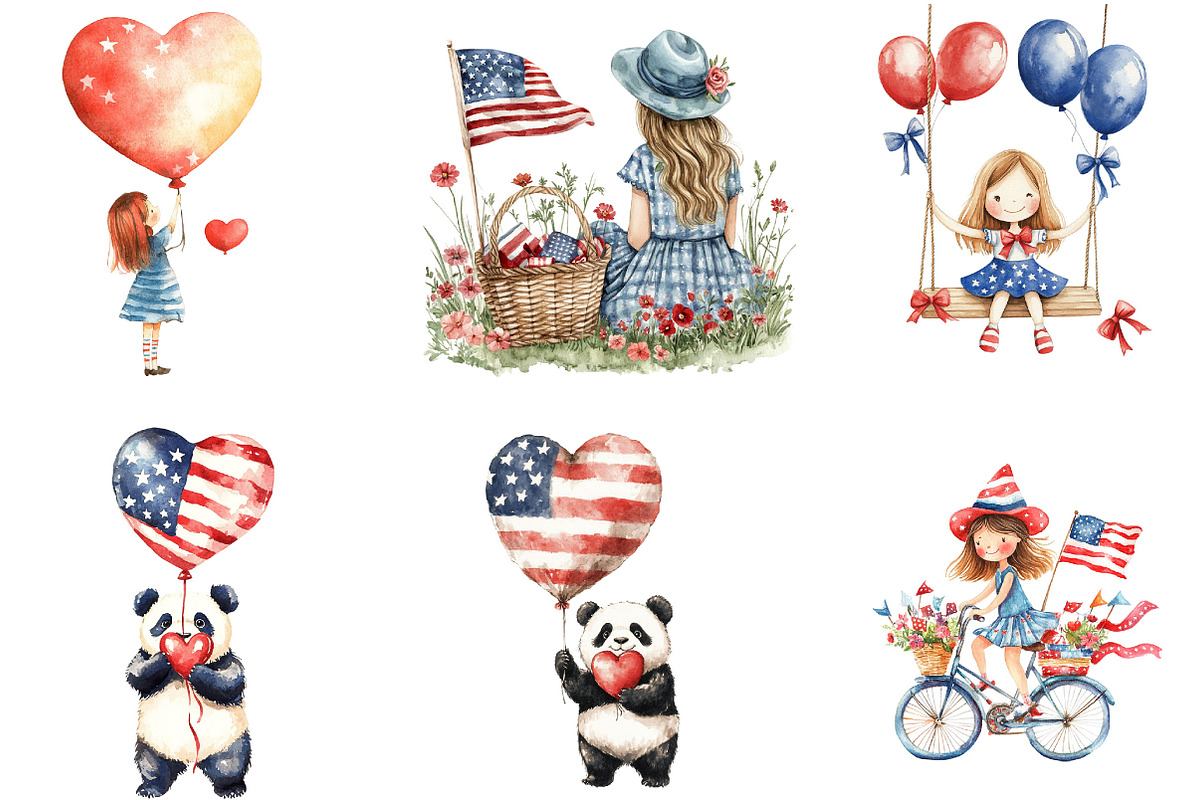 Watercolor 4th of July Girl Clipart, an Illustration by Designking (Photo 3 of 5)