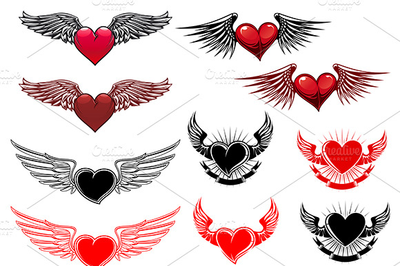 Red and blac heart tattoo with wings preview 2