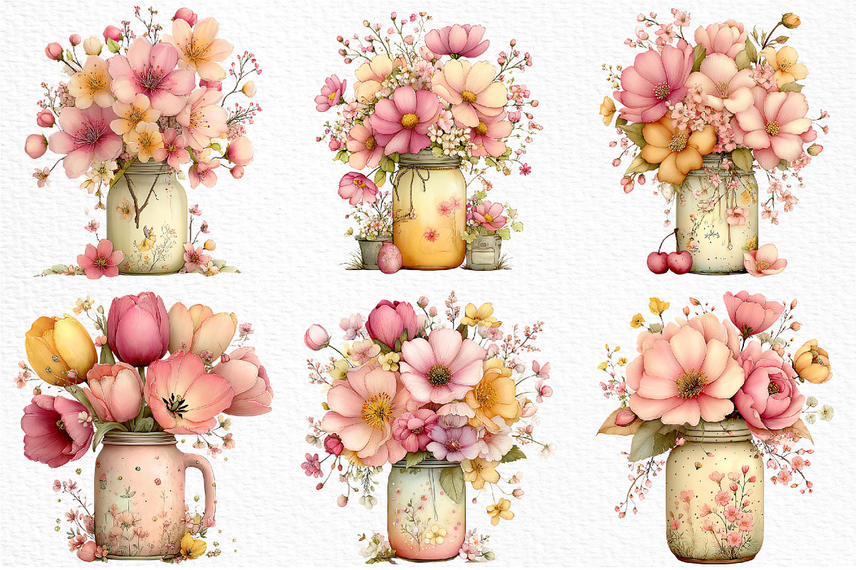 Watercolor Spring Mason Jar Clipart, an Illustration by Craft Nest (Photo 3 of 12)