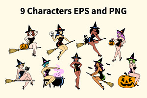 Vector 9 Cute Pin Up Witches Cartoon