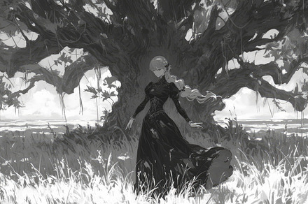 woman in a field near a tree, a Photo by Pictures for you!!!!!!!!!
