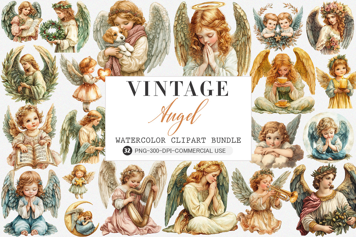 Vintage Angel Clipart Set PNG, an Illustration by SinaCreation (Photo 1 of 5)