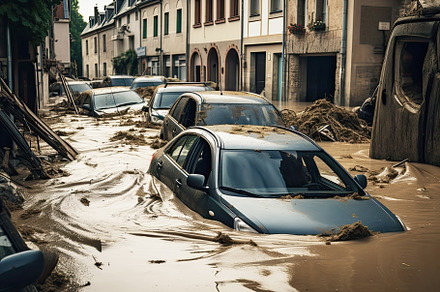 Flooding in an european country, with washed out street, destroyed furniture an