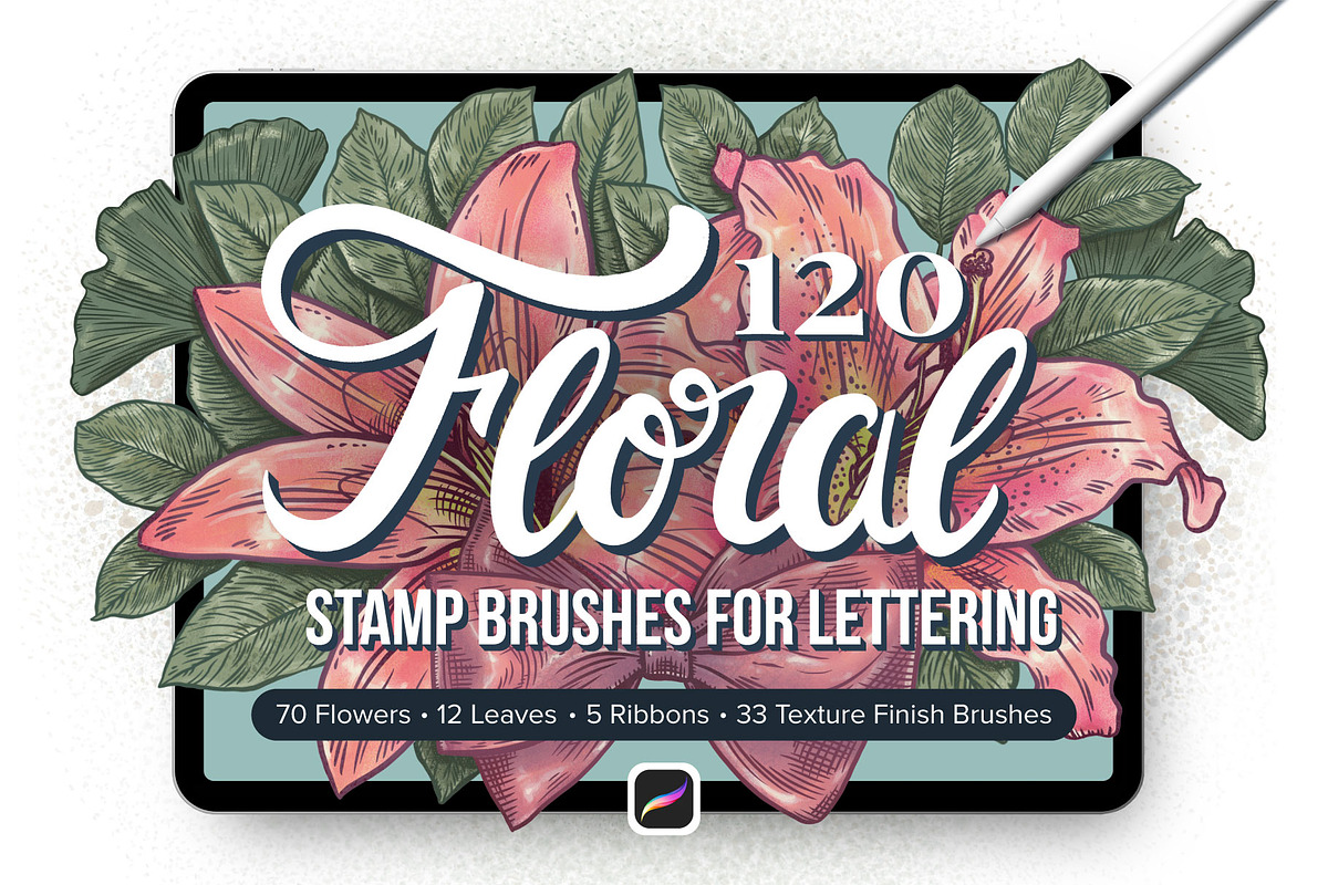 120 Floral Procreate Stamp Brushes, a Brush Add-On by Riveros Illustration (Photo 1 of 13)