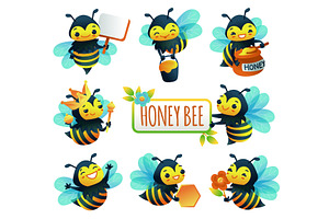 Cartoon Characters Of Honey Bee Set