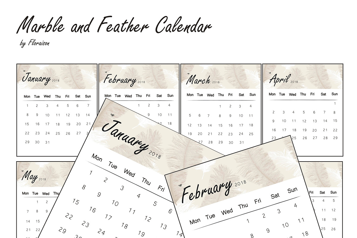 Marble and Feather Calendar 2018, a Stationery Template by byfloraison