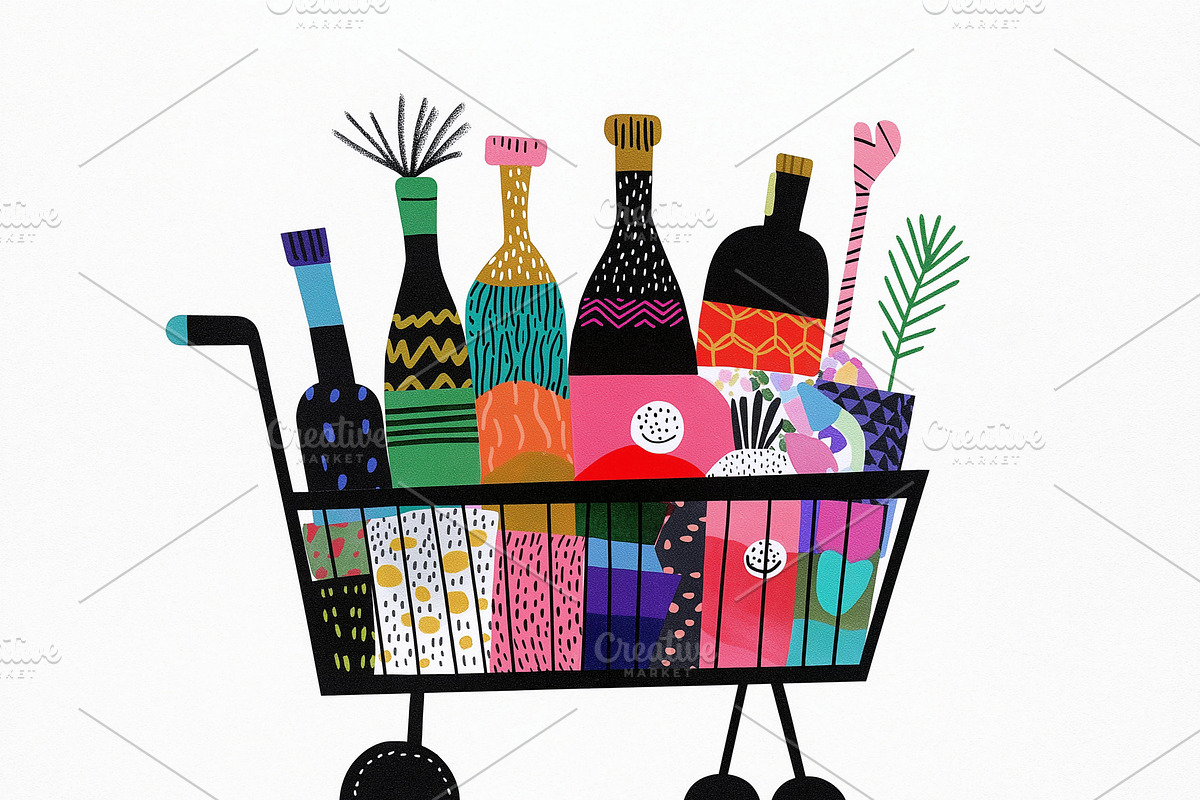 A shopping cart full of alcohol, a Food Illustration by Sybillla
