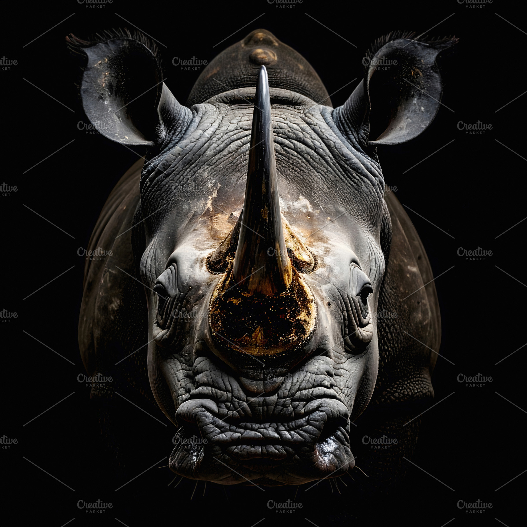 Frontal portrait of a rhinoceros with horn in focus, an Animal Photo by GoodGoods