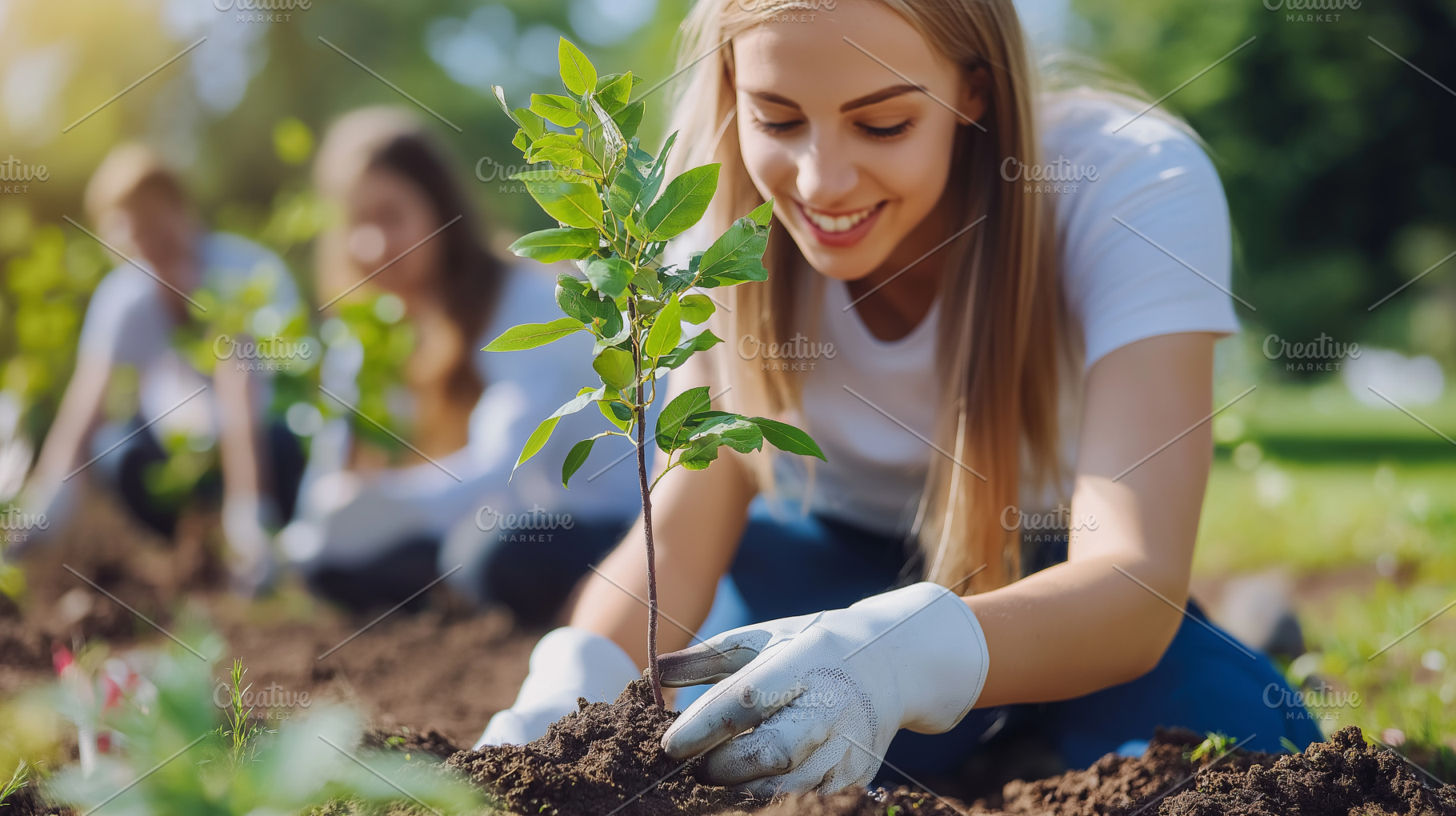 Young woman with gloves planting, a Nature Photo by MistyDay