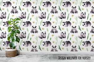 Watercolor Panda. Patterns, Cliparts