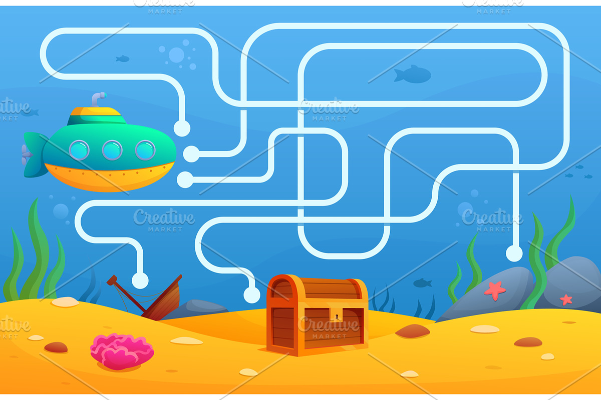 Submarine maze game. Help underwater, an Education Illustration by Valerie Bodnar