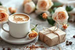 Cozy coffee cup with roses and gift box romantic lifestyle scene, a Holiday Photo by José Manuel Gelpi