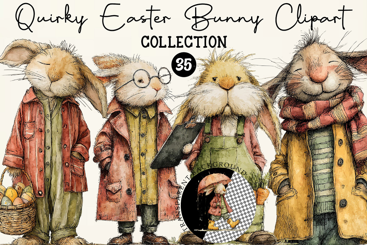 Quirky Easter Bunny Clipart, an Illustration by DreamCafeArt (Photo 1 of 6)