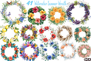 Watercolor Summer Wreath Clipart, an Illustration by DreamCafeArt