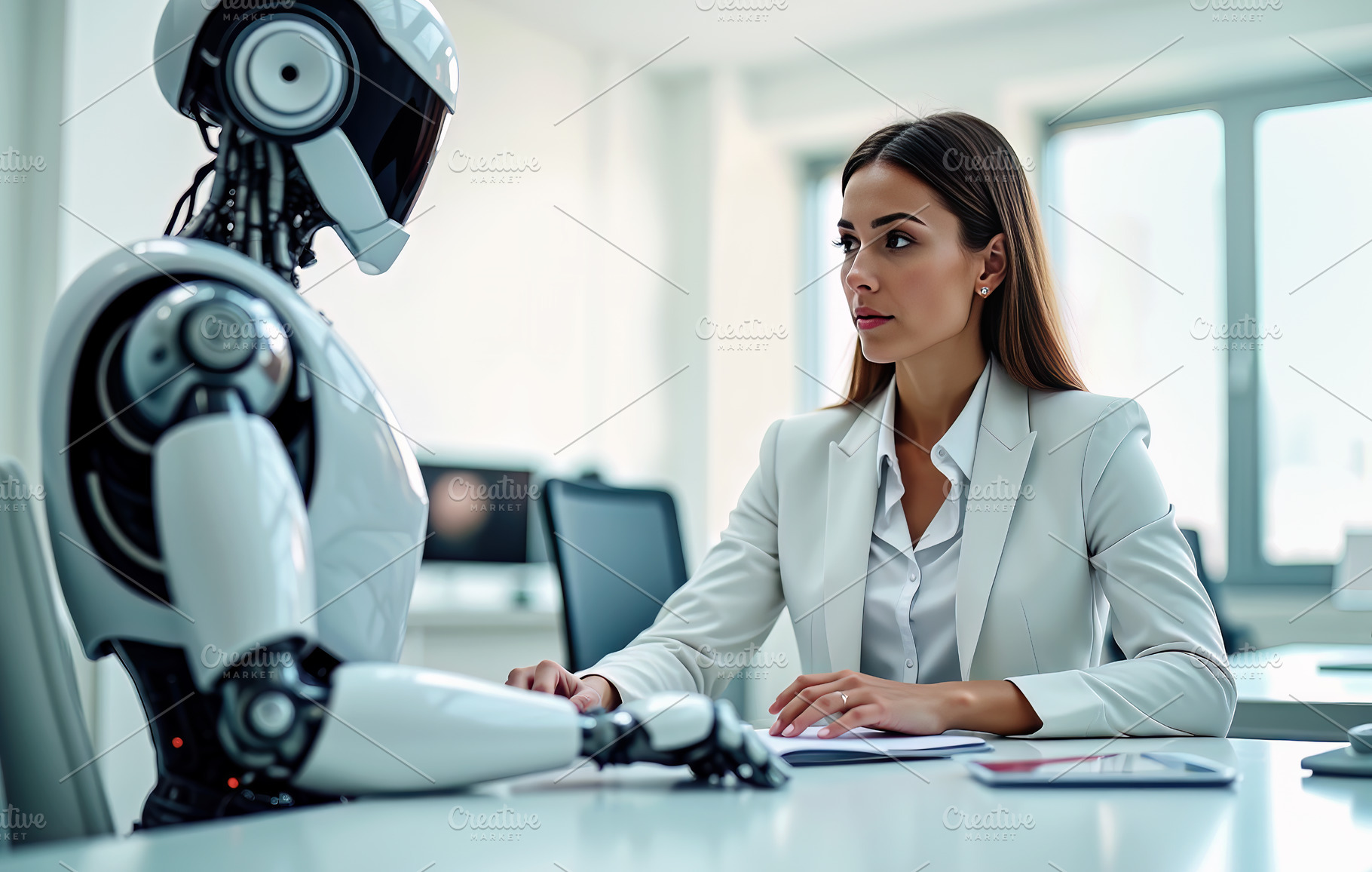 Female executive and robot in a busi, a Technology Photo by Perpis