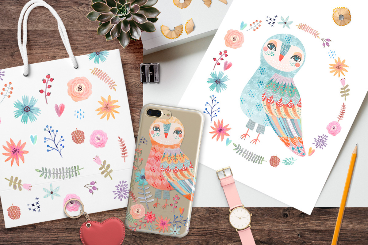 Watercolor owls clipart, a Texture Illustration by Anna Guz's Store (Photo 5 of 5)