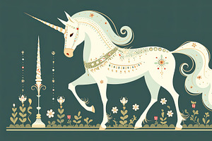 Elegant unicorn illustration with flowers and ornate decorations, an Illustration by AS photostudio