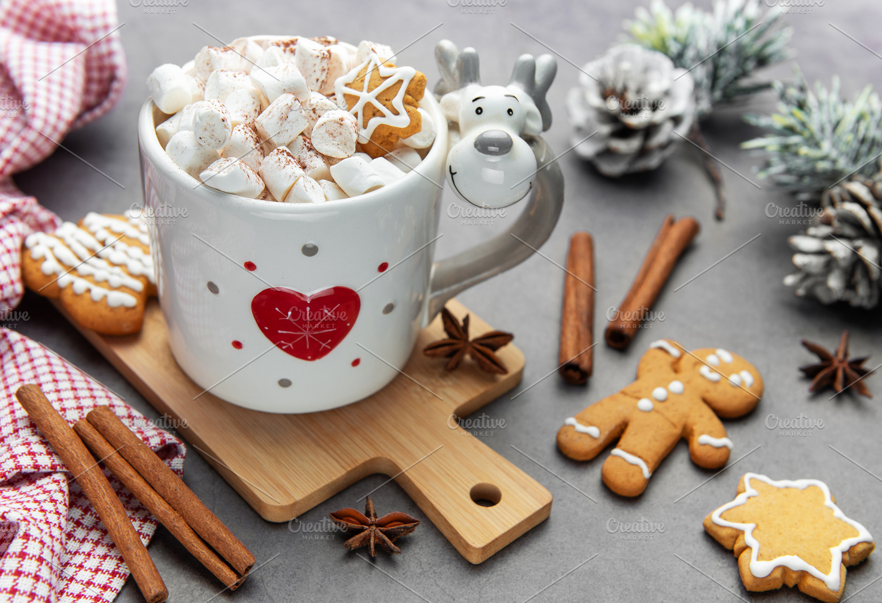Reindeer mug with hot chocolate and gingerbread cookies, a Holiday Photo by Olena Rudo