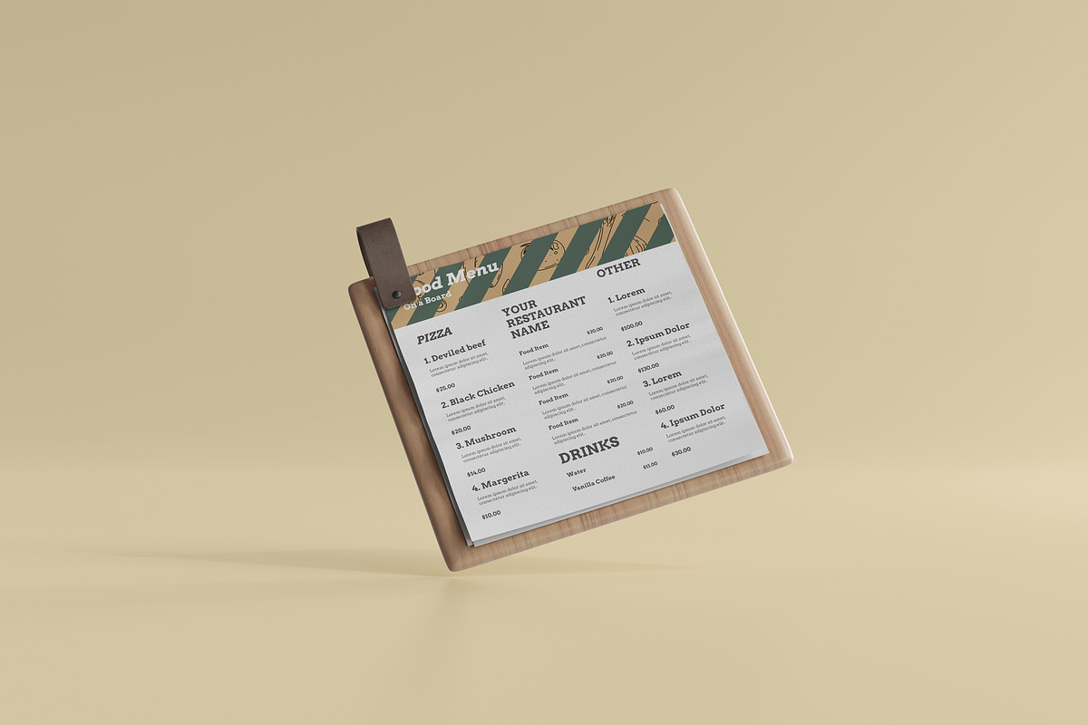 Square Food Menu on a Board Mockup, a Print Template by pmvch