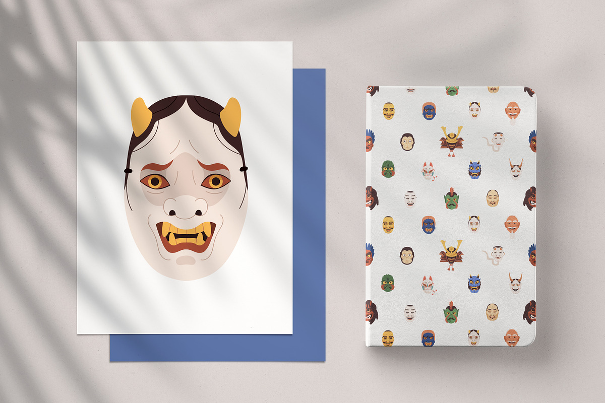 Japanese Noh masks seamless pattern, a Pattern Graphic by Good Studio (Photo 4 of 4)