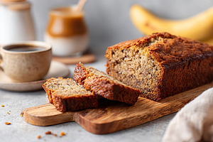 Delicious slices of homemade banana bread served on a wooden cutting board with, a Food & Drink Photo by AlyaAnd
