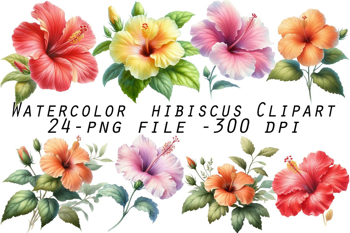 Watercolor Hibiscus Clipart, an Illustration by Designworld (Photo 1 of 5)