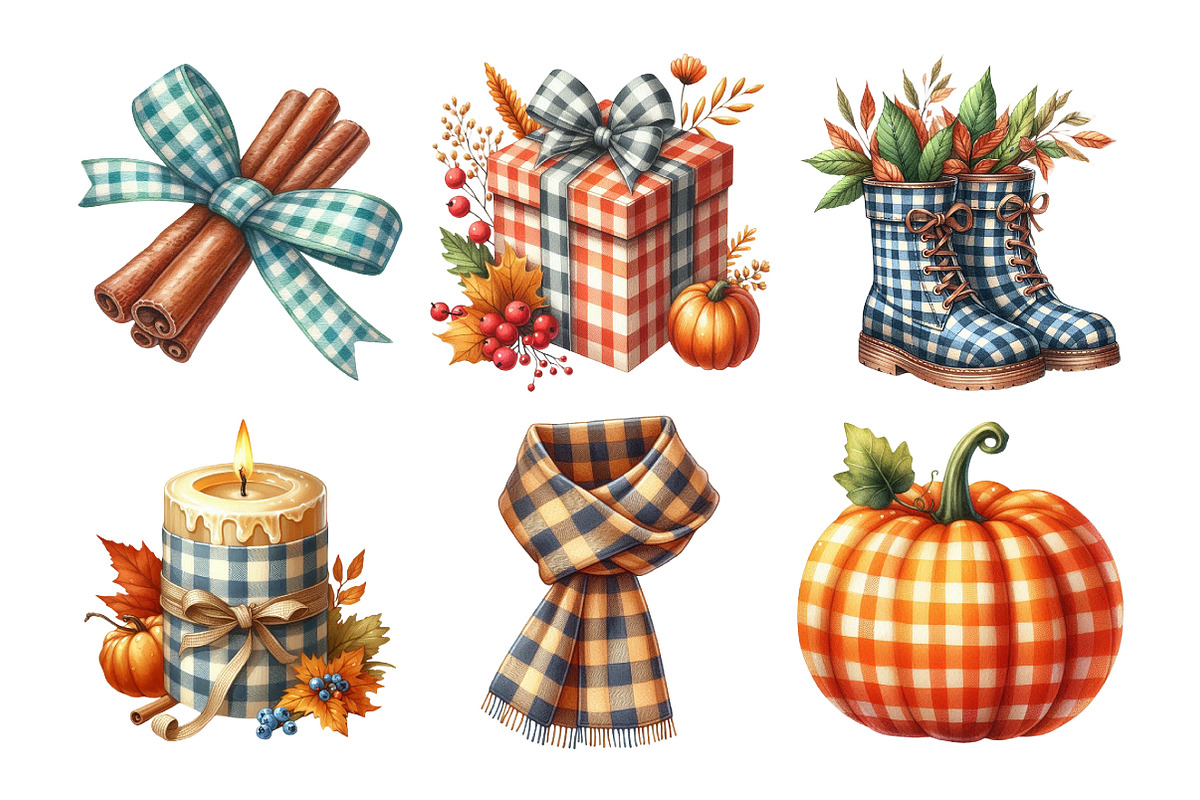Watercolor Gingham Autumn Clipart Bu, an Illustration by Daily.Designs (Photo 4 of 5)