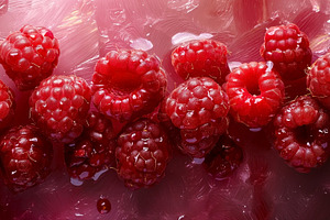 Fresh, ripe red raspberries glisten with dew, showcasing their v, a Food & Drink Photo by ImageMir