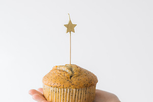 Birthday cupcake with a lit candle