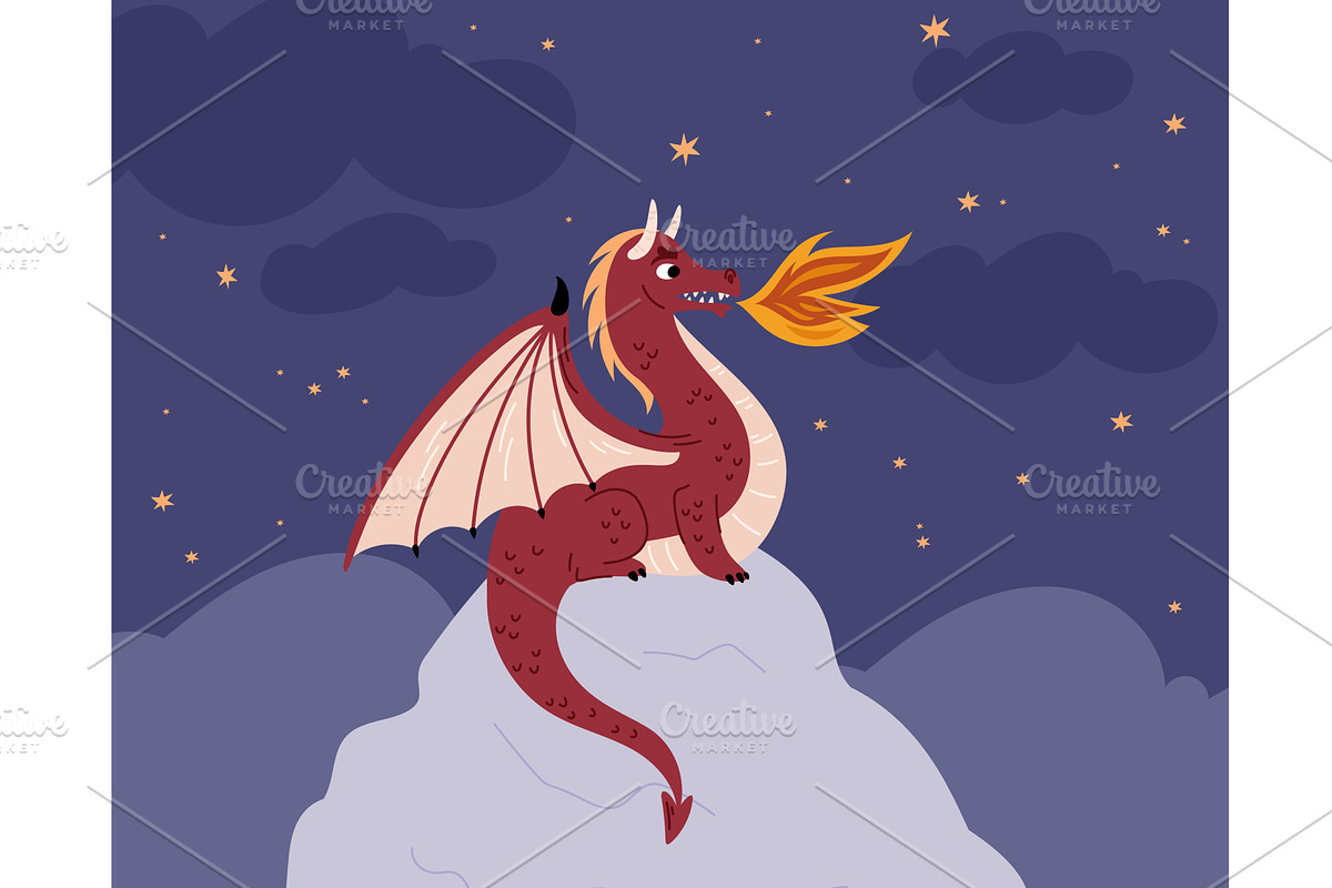 Red dragon on mountain top on, an Animal Illustration by Vectorbuum