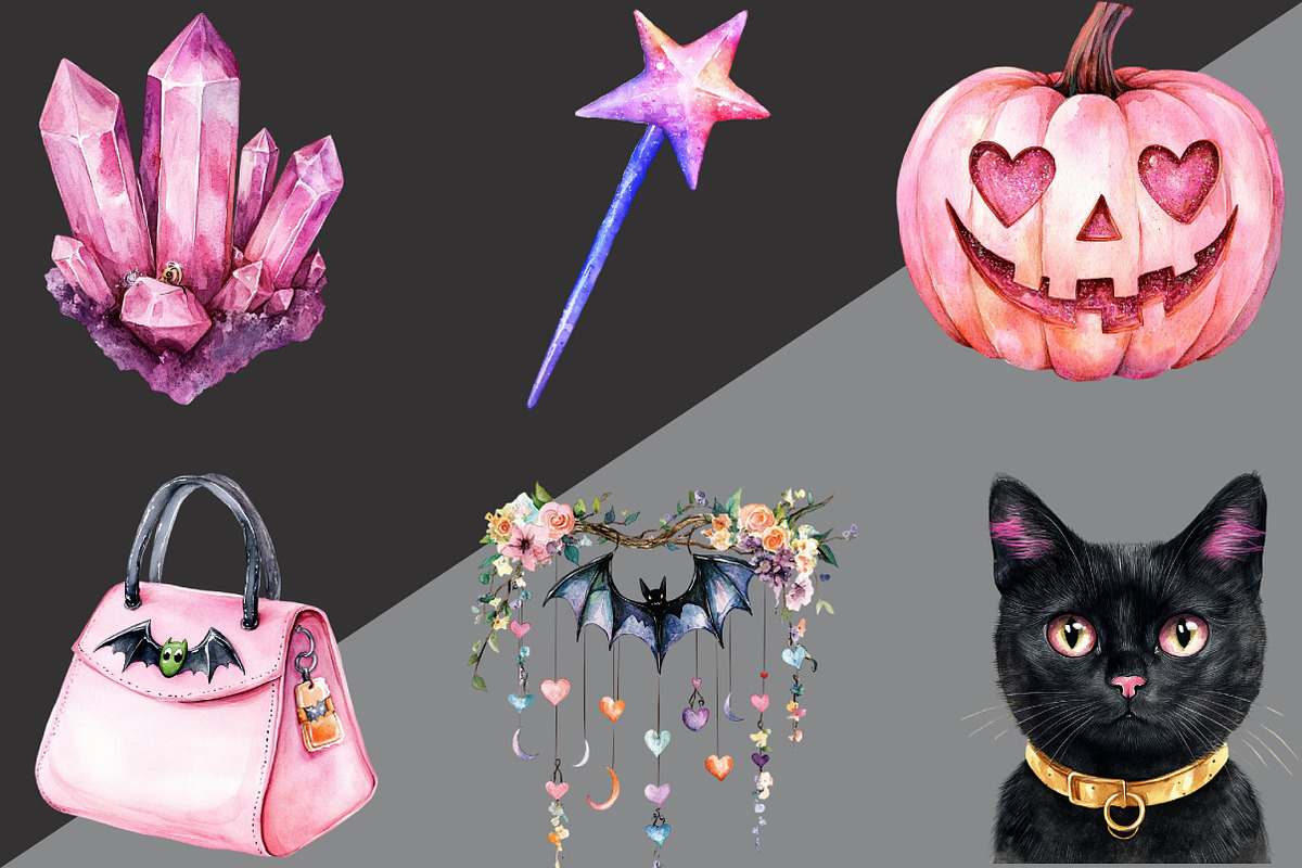 Watercolor Girly Halloween Clipart, an Illustration by Black Bird Studio (Photo 5 of 6)