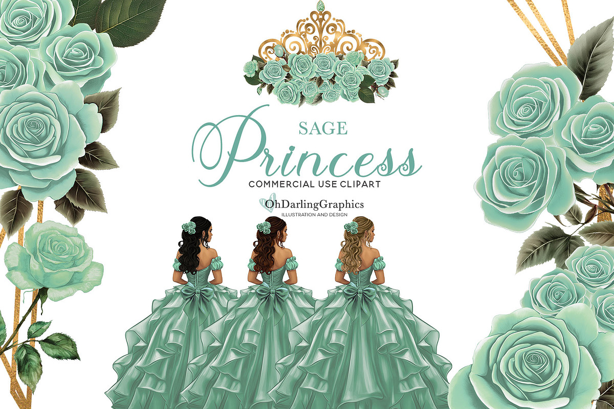 Sage Princess Dress Quinceaera, an Illustration by Oh Darling Graphics