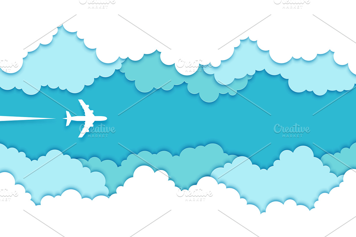 Top view paper cut plane in clouds, a Transportation Illustration by Vector Tradition