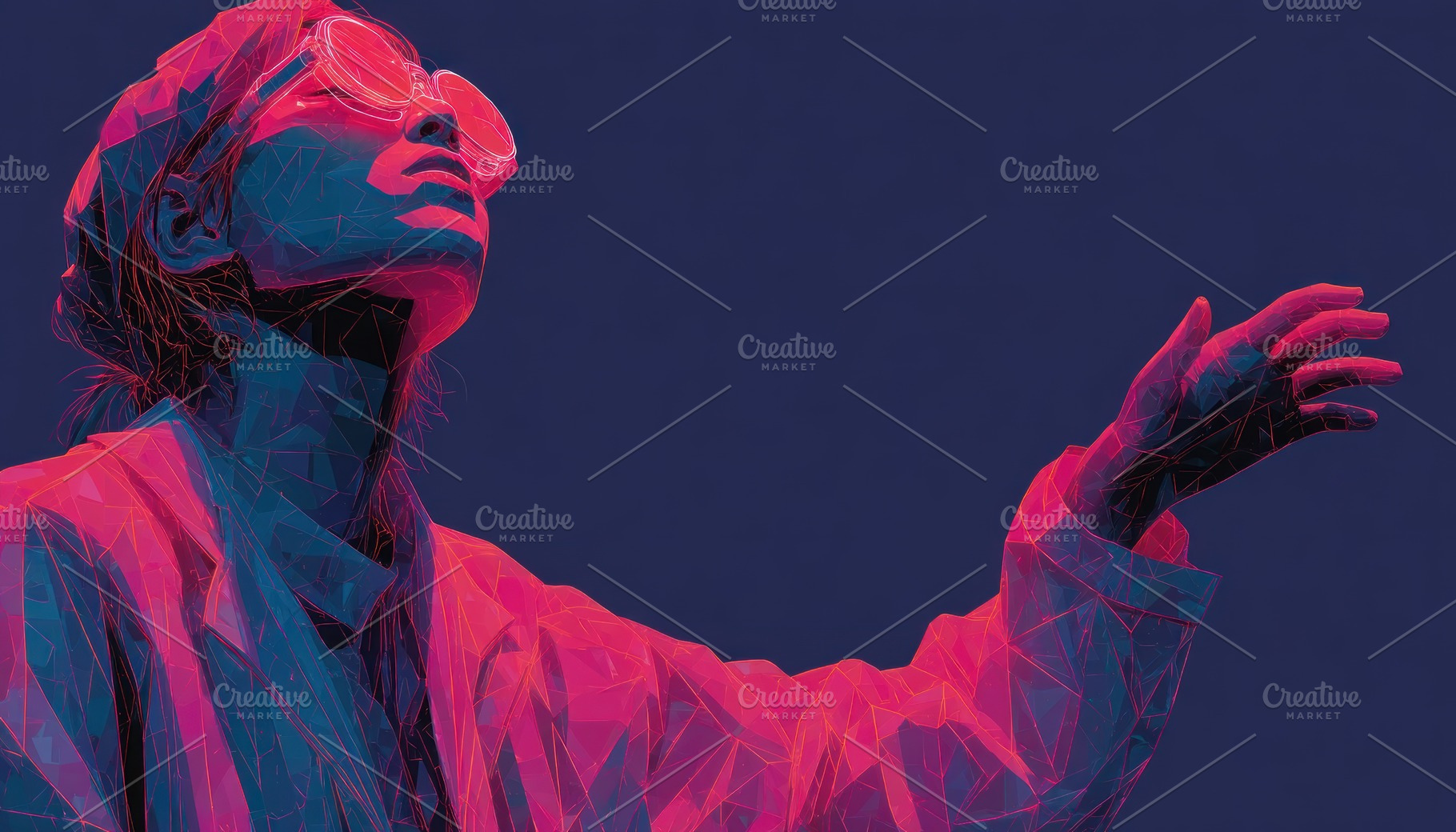 Digital woman in polygonal style reaching upward in vibrant neon, an Abstract Photo by José Manuel Gelpi