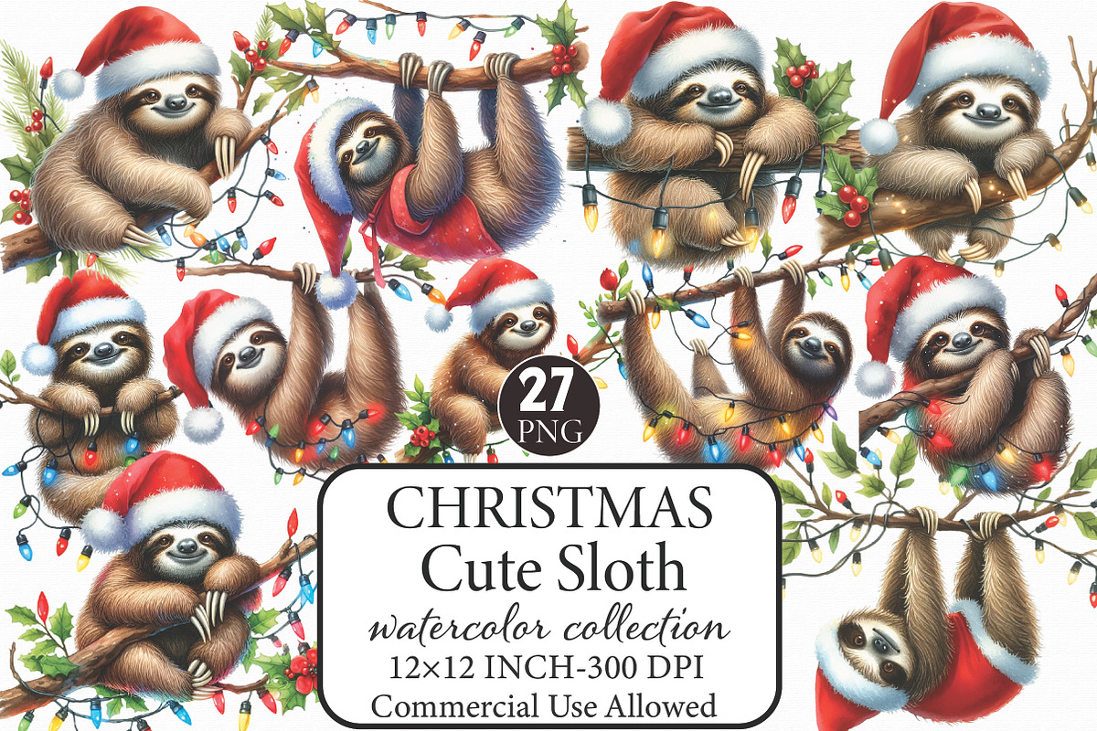 Cute Sloth Christmas Clipart PNG, an Illustration by Libby Wishes (Photo 1 of 13)