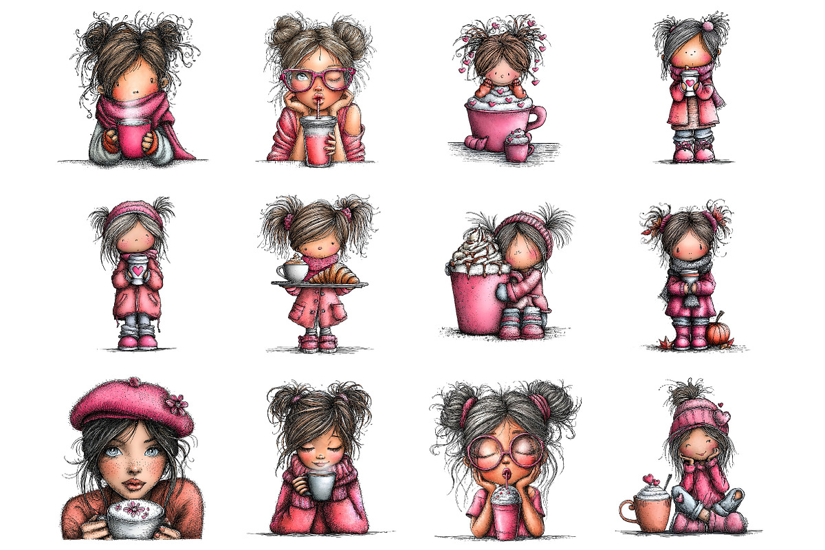 Enjoy Coffee Girl Whimsical Clipart, a Seasonal Illustration by Designking (Photo 2 of 5)
