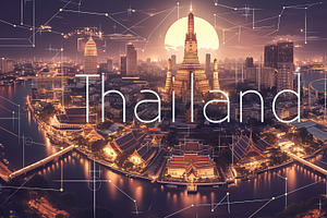 Bangkok skyline with modern technology elements and the iconic Wat Arun Temple, an Illustration by AS photostudio